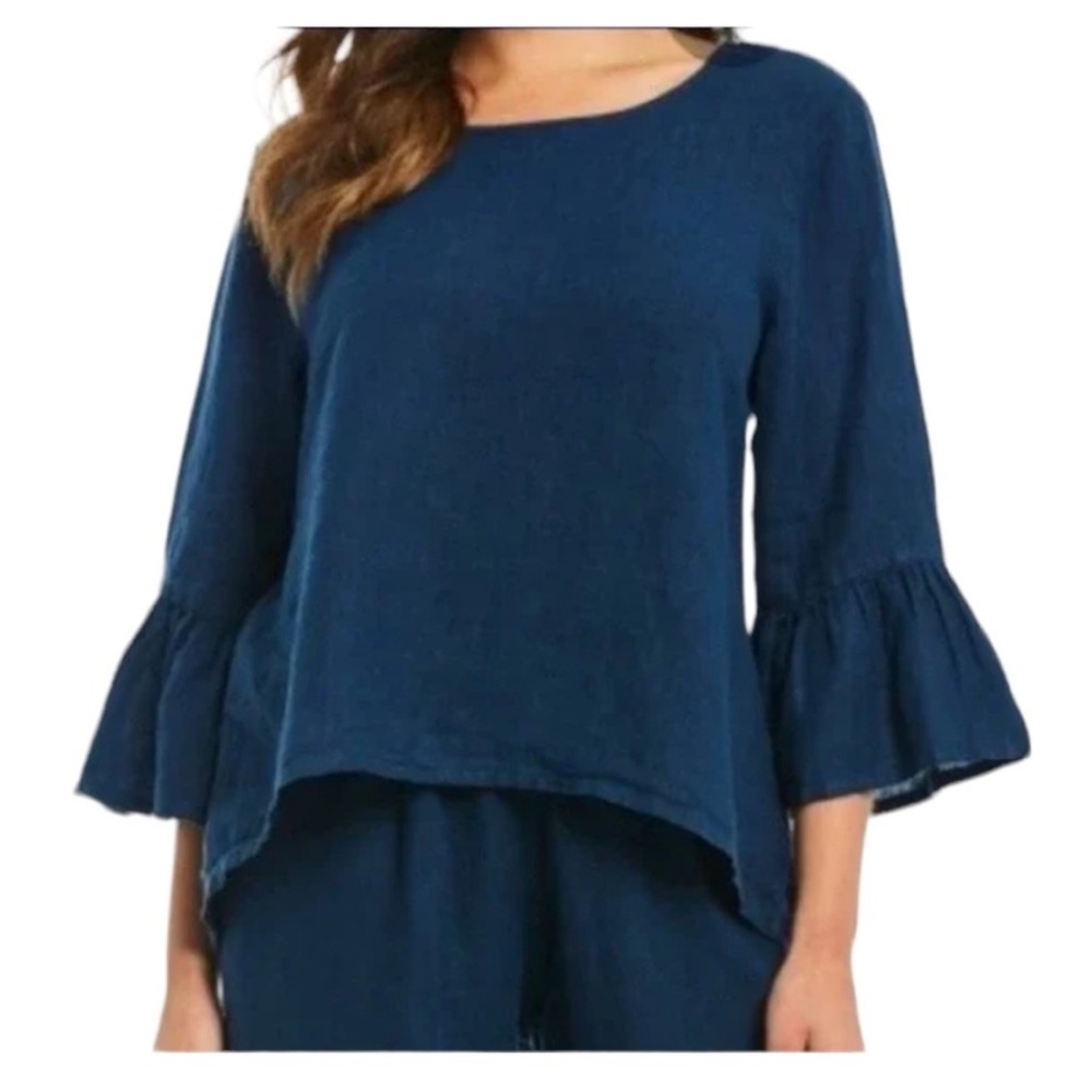 Bryn Walker Blue Lagenlook 100% Linen Bell
Sleeve Hi Low Hem Top Size Small